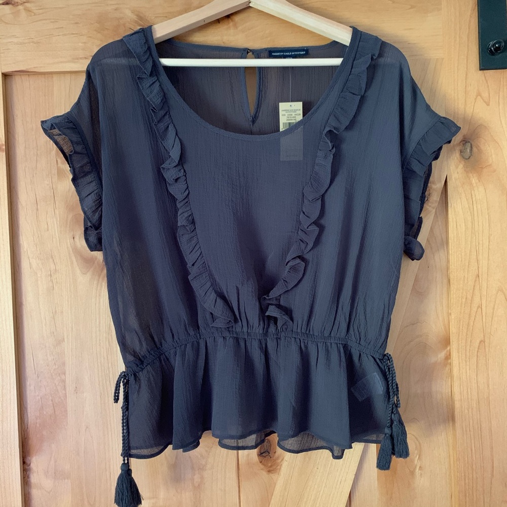 American Eagle Dusty Blue Sheer Ruffle Peplum Top Size S | Short Sleeve